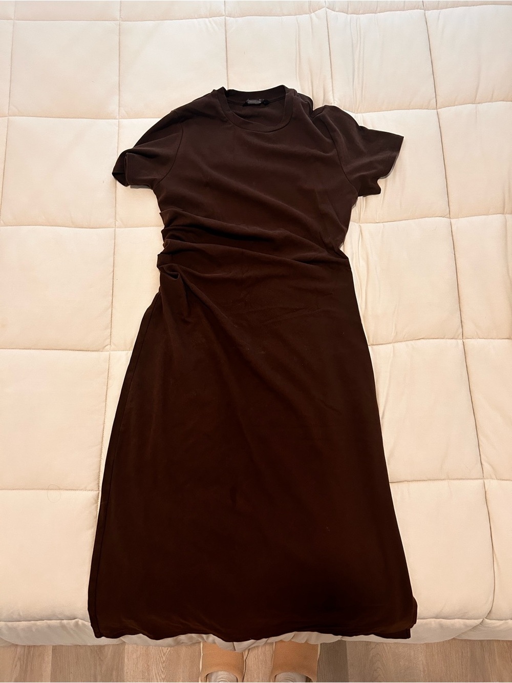 Women's Brown Short-Sleeve Midi Dress - Casual Crewneck